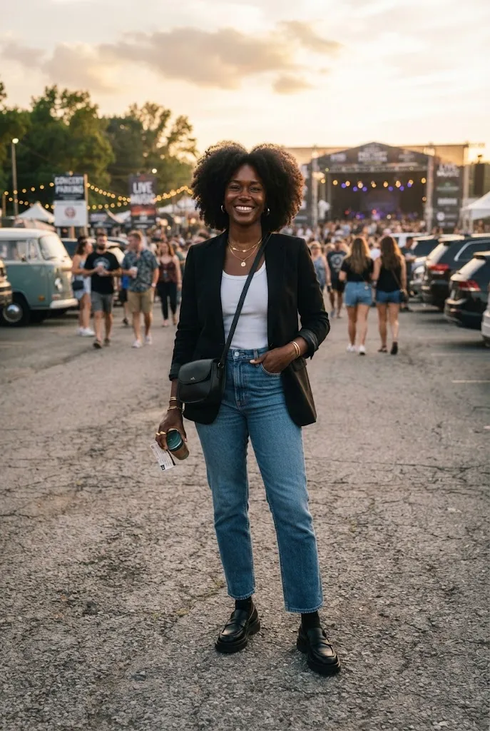 Woman wearing chunky loafers and jeans as comfortable concert footwear