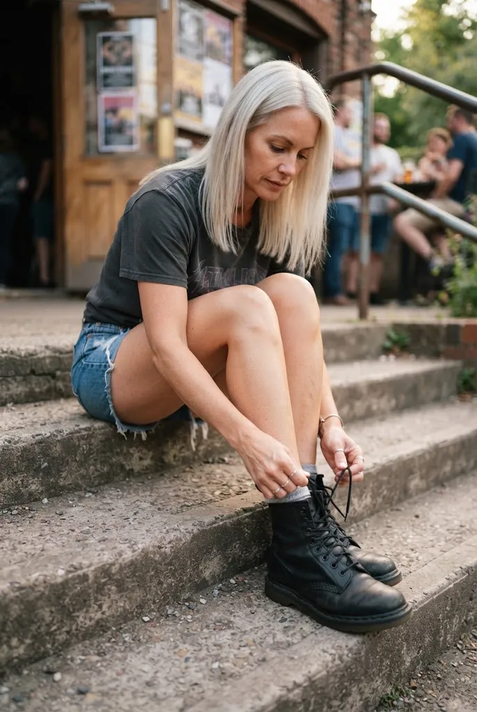 Woman lacing up combat boots paired with denim shorts before a concert