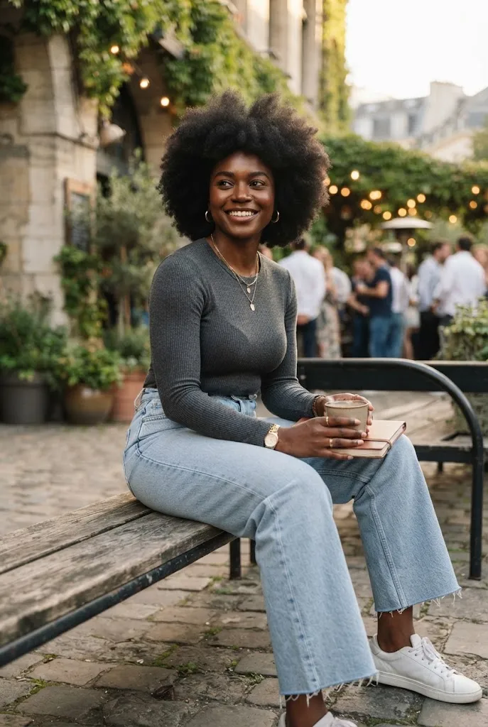 Woman sitting comfortably in wide leg mid rise jeans before a concert