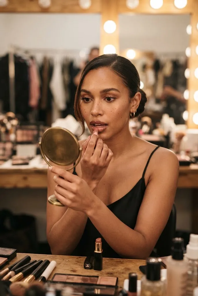 Woman applying long wearing makeup before heading to a concert