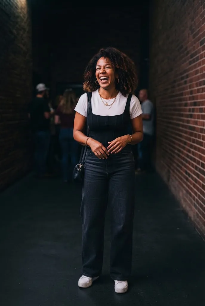 Woman layering a black corset top over a white t-shirt for a concert outfit