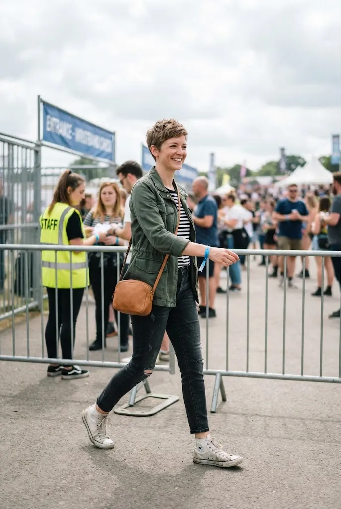 Woman wearing a crossbody bag while walking into a concert venue