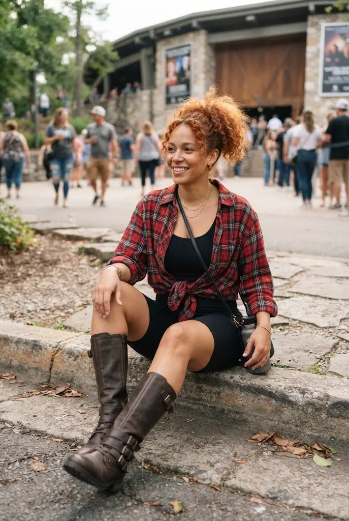 Woman wearing an oversized flannel tied at the waist with bike shorts and boots