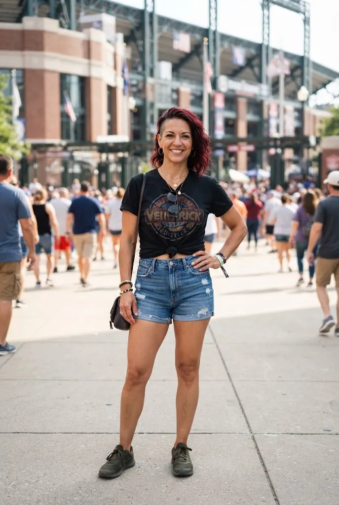 Woman wearing a graphic t-shirt tied at the waist with denim shorts at a stadium