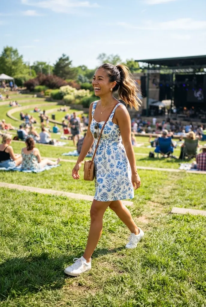 Woman wearing a cotton sundress and sneakers at an outdoor summer concert