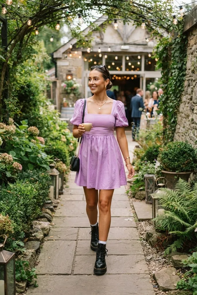 Woman wearing a lilac puff sleeve mini dress with black lace up boots