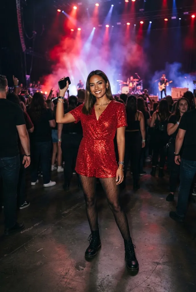Woman wearing a red sequin romper with sheer tights and lace up boots