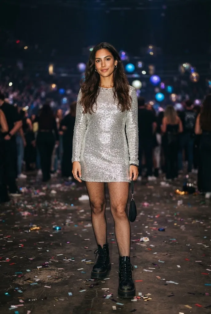 Woman wearing a long sleeve silver sequin mini dress with fishnet tights and combat boots