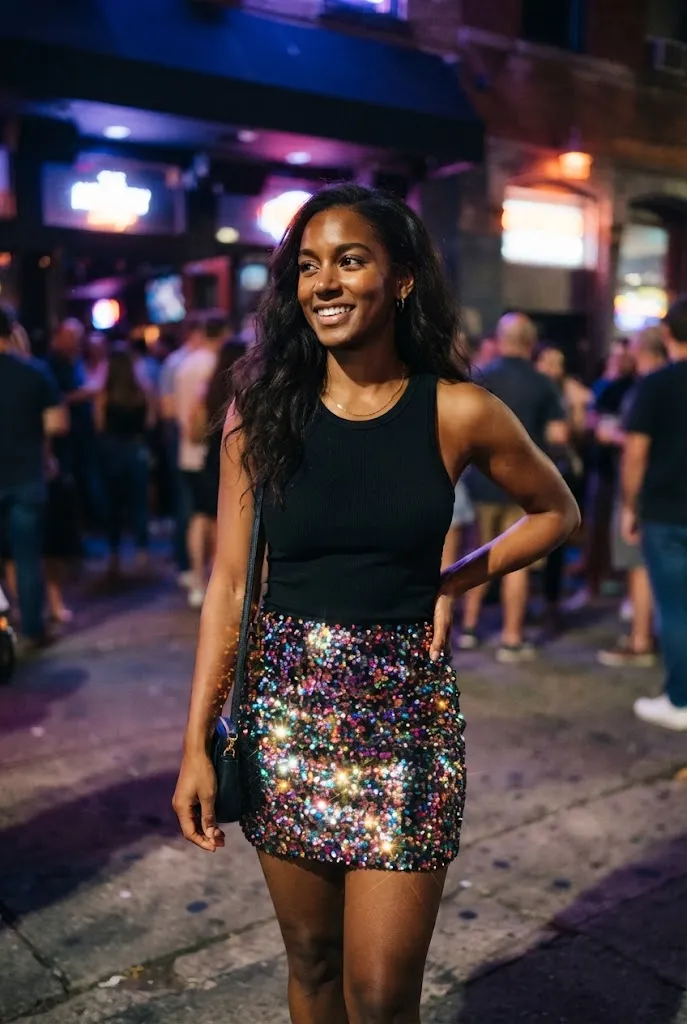Woman wearing a sequin mini skirt paired with a plain black tank top