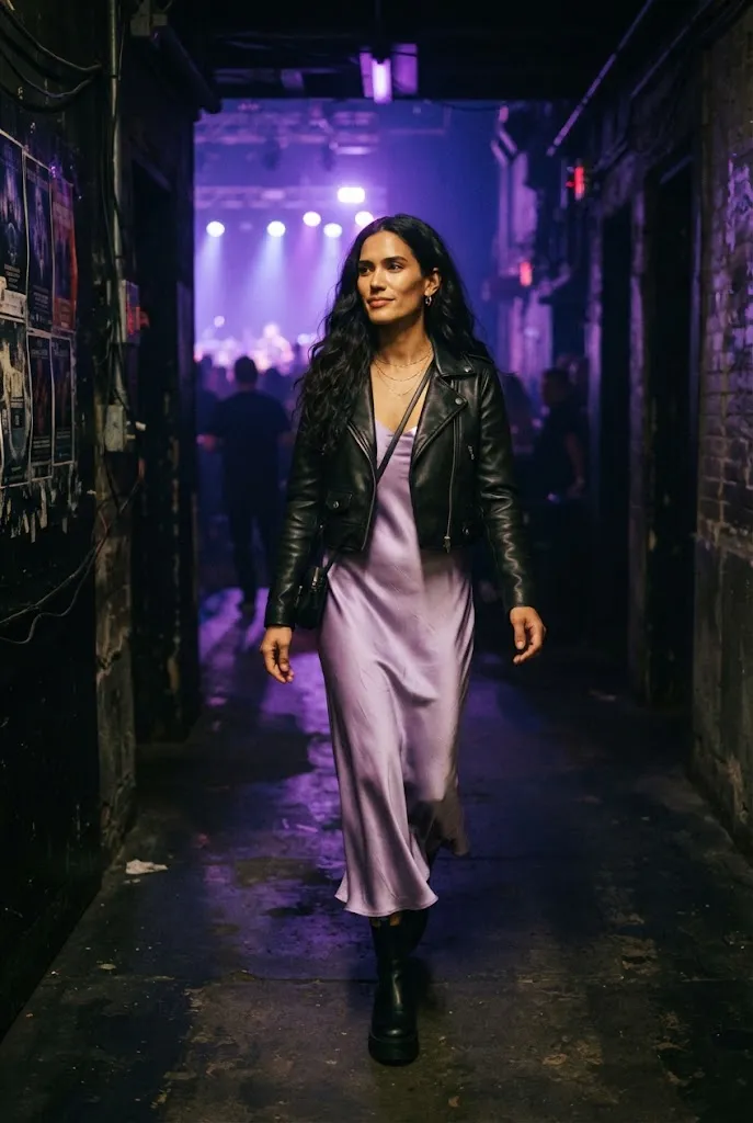 Woman wearing a satin slip dress with a cropped leather jacket at a concert
