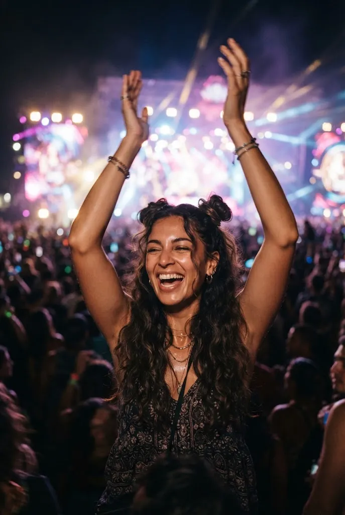 Woman with space buns hairstyle dancing at a concert
