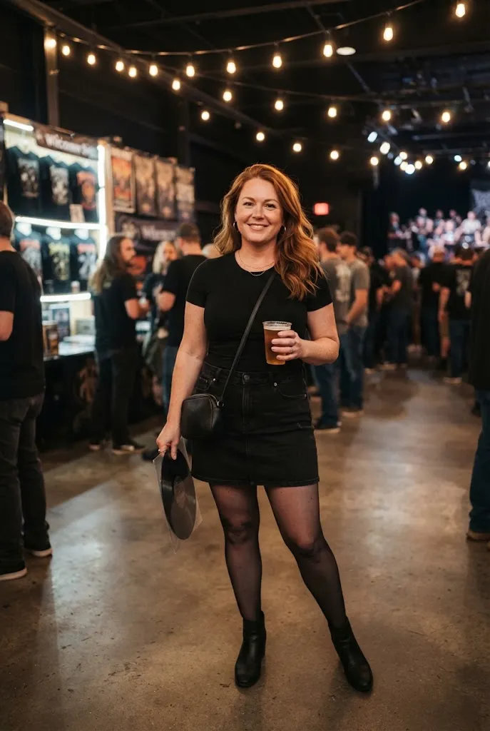 Woman in her 40s wearing a black mini skirt with sheer tights and ankle boots at a concert