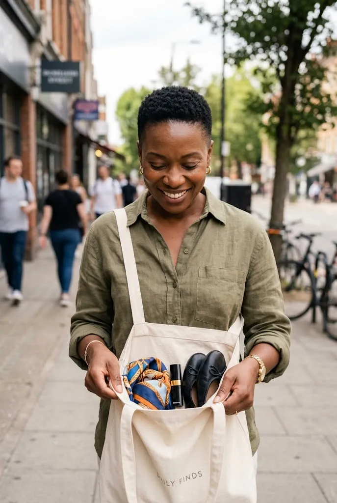 Black woman over 40 checking the contents of her tote bag on the street