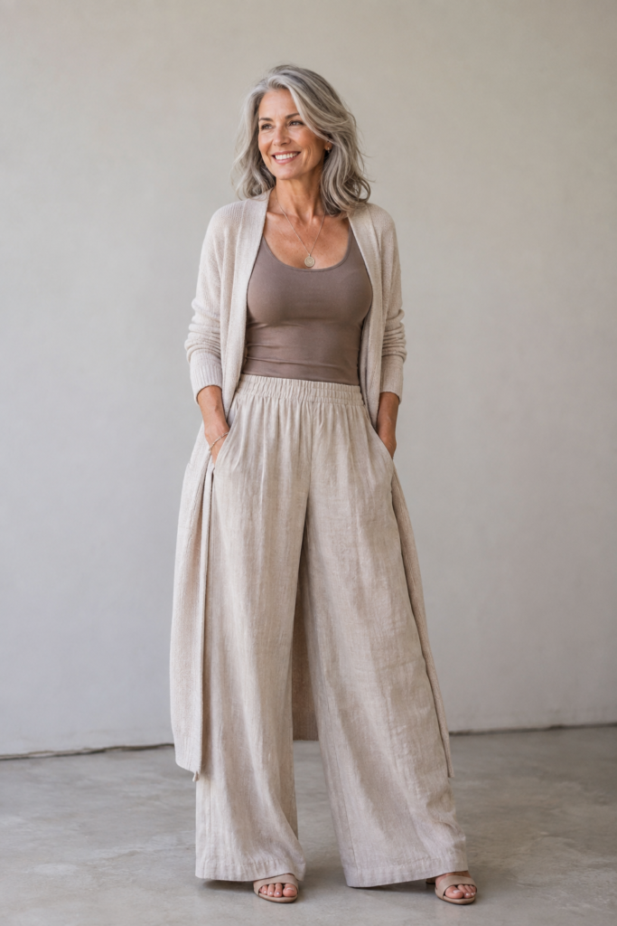 Palazzo pants paired with a fitted tank and long open cardigan for an elongated silhouette