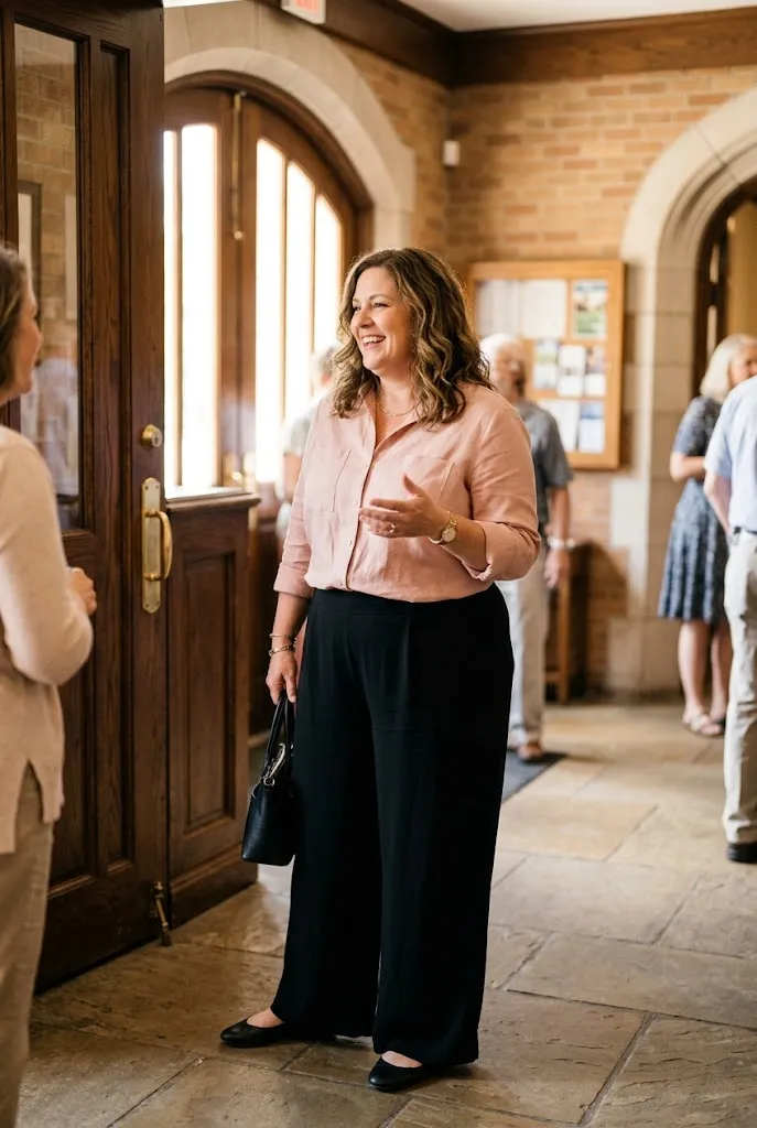 Plus size white American woman wearing black palazzo pants and a blush blouse