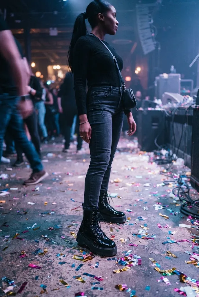 Close-up of black platform combat boots worn by a woman in her 40s at a concert