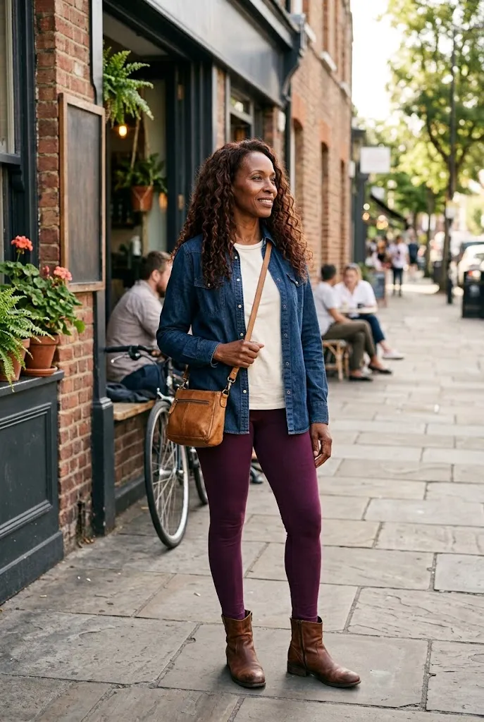 Woman over 50 wearing plum leggings with a denim shirt and brown boots