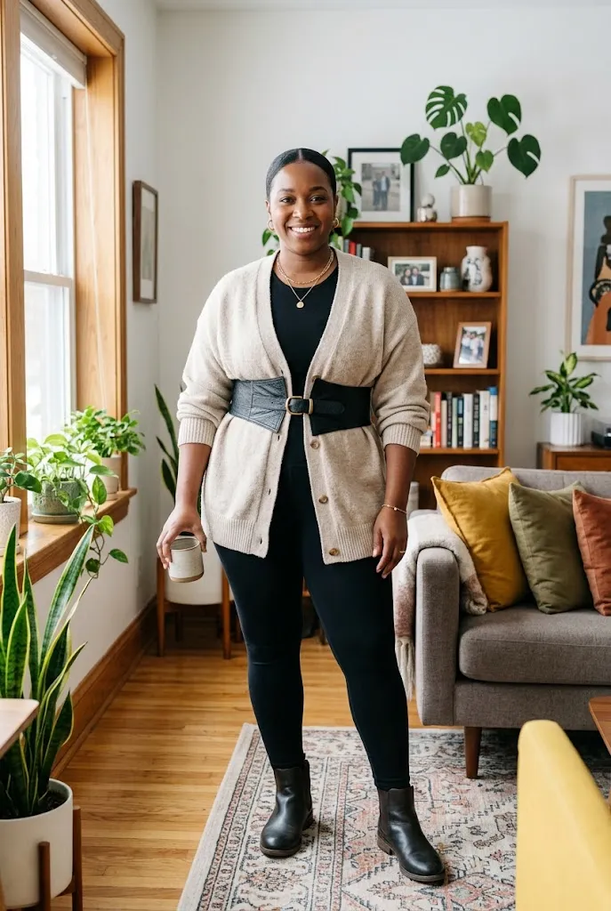 Fully plus size Black woman with a sleek low bun wearing an oversized cardigan cinched with a wide belt in a sunlit living room