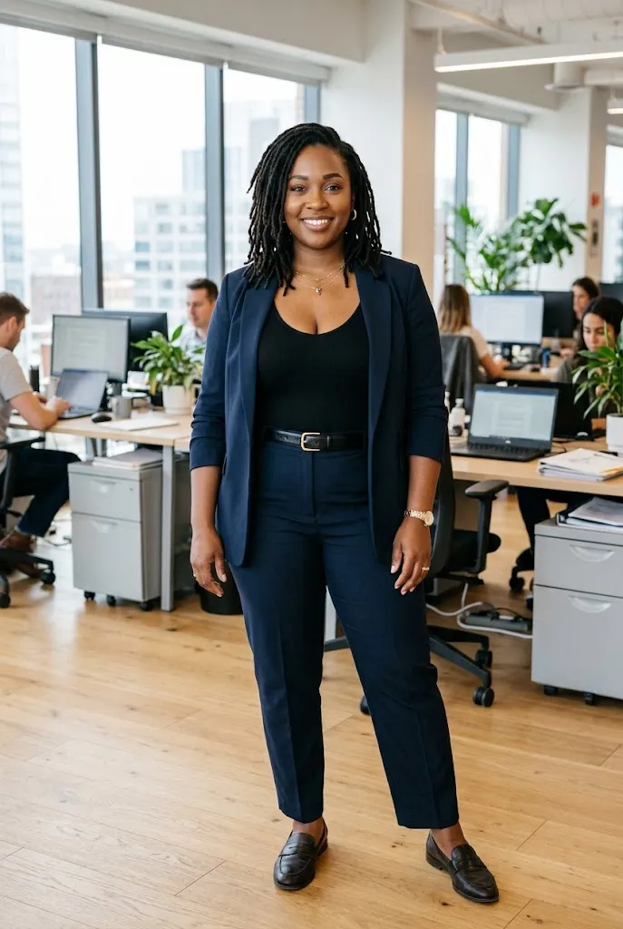 Fully plus size Black woman with shoulder-length locs wearing an open blazer over a scoop neck bodysuit and trousers in an office setting