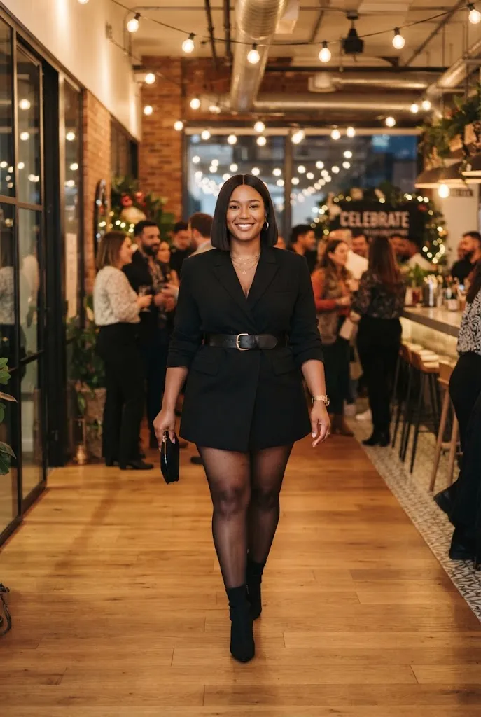 Curvy woman wearing a structured blazer dress cinched with a belt