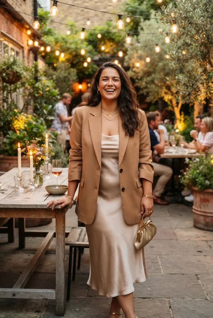 Woman wearing an oversized blazer over a silky slip dress standing at an outdoor dinner table