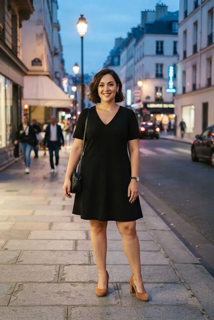 Plus size woman wearing block heel shoes standing on a city sidewalk at night