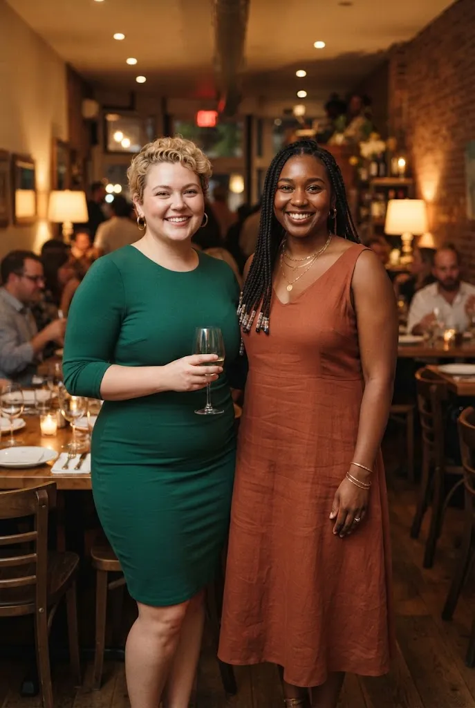 Two plus size women side by side wearing a bodycon dress and an aline dress in a restaurant setting