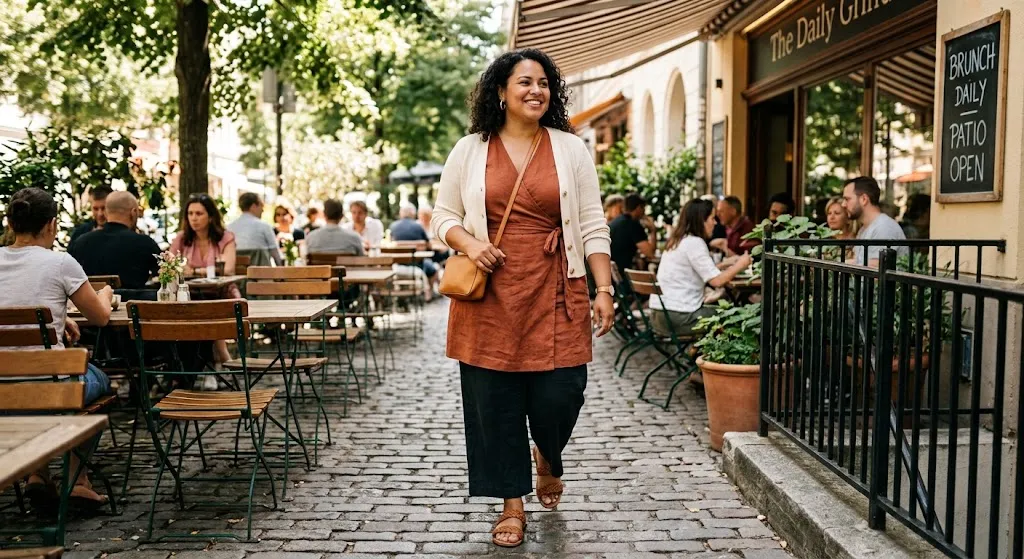 A smiling plus-size woman walking along a cobblestone restaurant patio wearing a rust-colored wrap dress layered over wide-leg black trousers, paired with a lightweight cream cardigan, brown leather crossbody bag, and flat sandals.