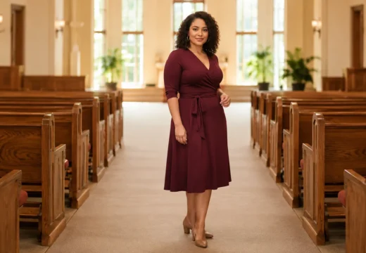 Curvy woman in a flattering wrap dress standing in a sunlit church aisle, representing comfortable plus size church outfits for curvy women