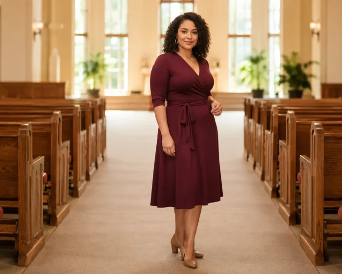 Curvy woman in a flattering wrap dress standing in a sunlit church aisle, representing comfortable plus size church outfits for curvy women
