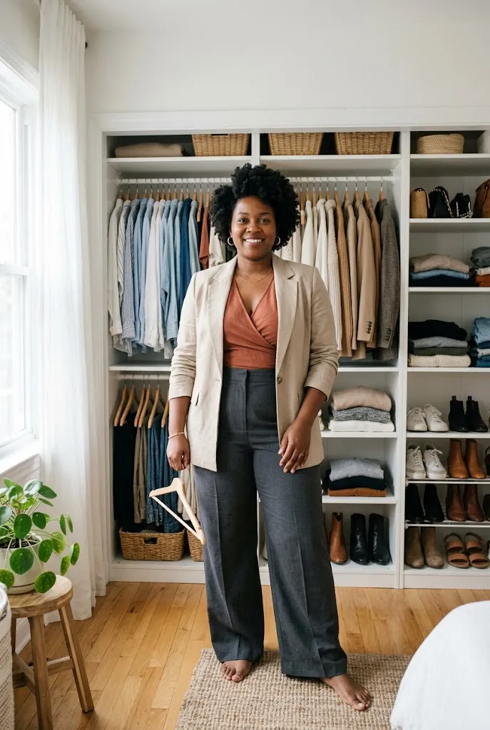 Fully plus size Black woman with a short natural afro standing in front of an open