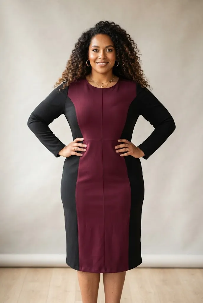 Curvy woman wearing a color blocked dress designed to define the waist