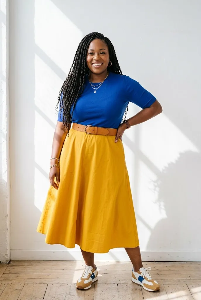 Fully plus size Black woman with long twists wearing a color blocked outfit in cobalt and mustard with a neutral belt