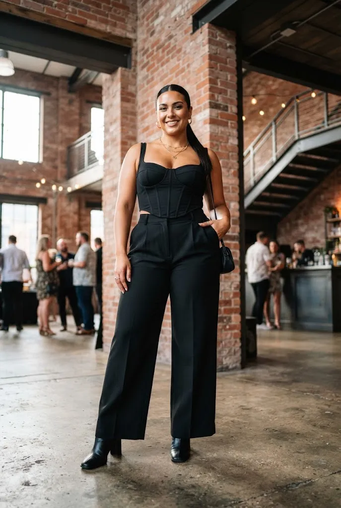 Curvy woman wearing a corset top with tailored wide leg trousers