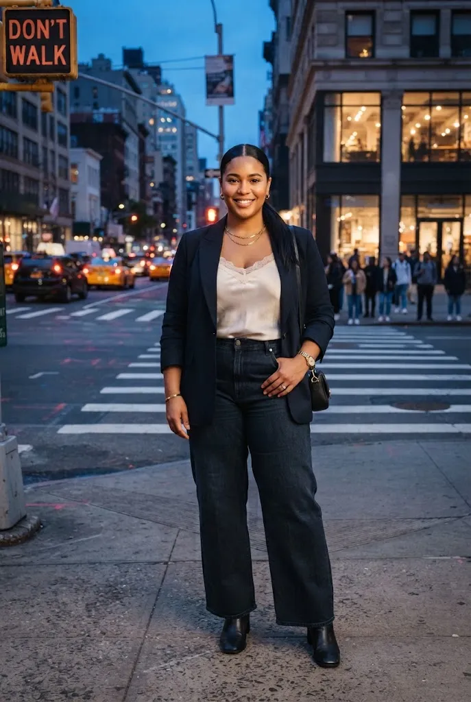 Plus size woman in dark wash jeans and a silky camisole with a structured jacket on a city street