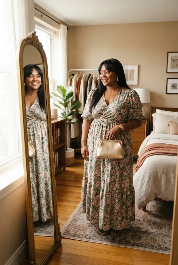 Plus size woman holding a small clutch bag while getting ready for a date