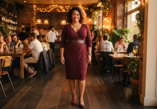 Plus size woman in a stylish date night outfit standing in a softly lit restaurant setting