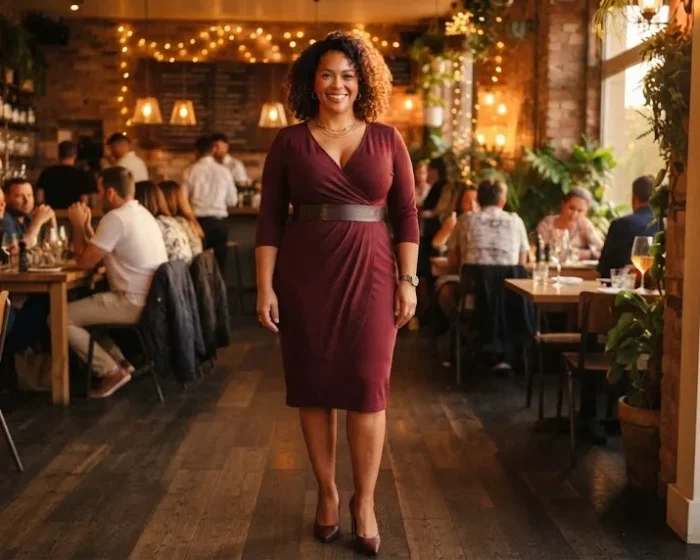 Plus size woman in a stylish date night outfit standing in a softly lit restaurant setting