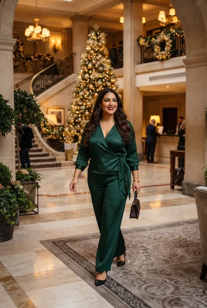 Curvy woman wearing a deep V wrap top with matching wide leg trousers