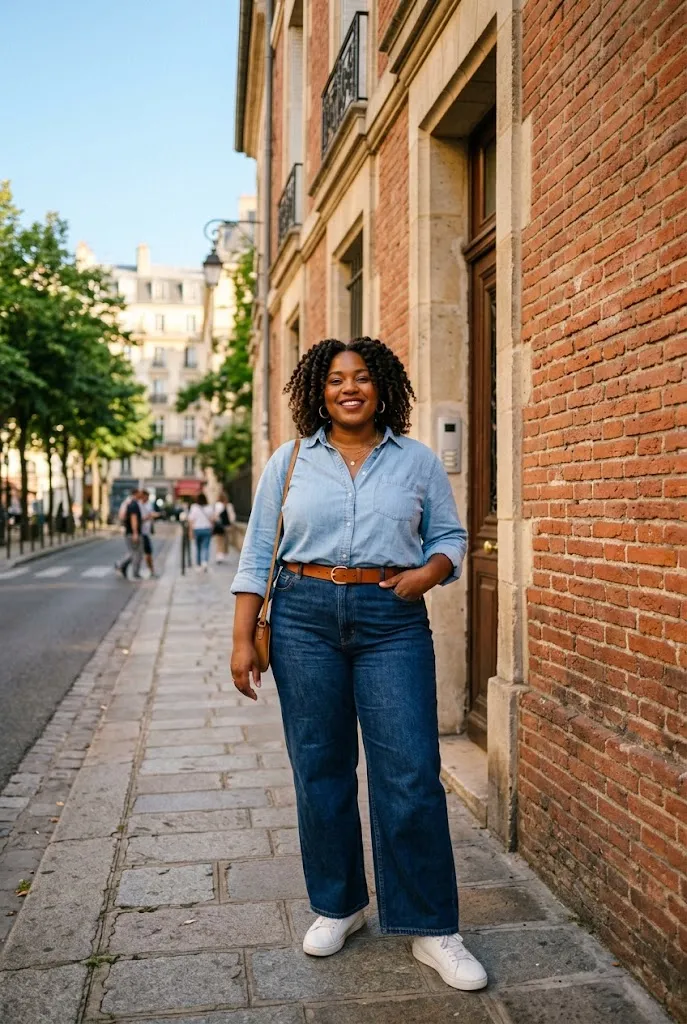 Fully plus size Black woman with shoulder length twist-out curls wearing contrasting light and dark denim on a brick street