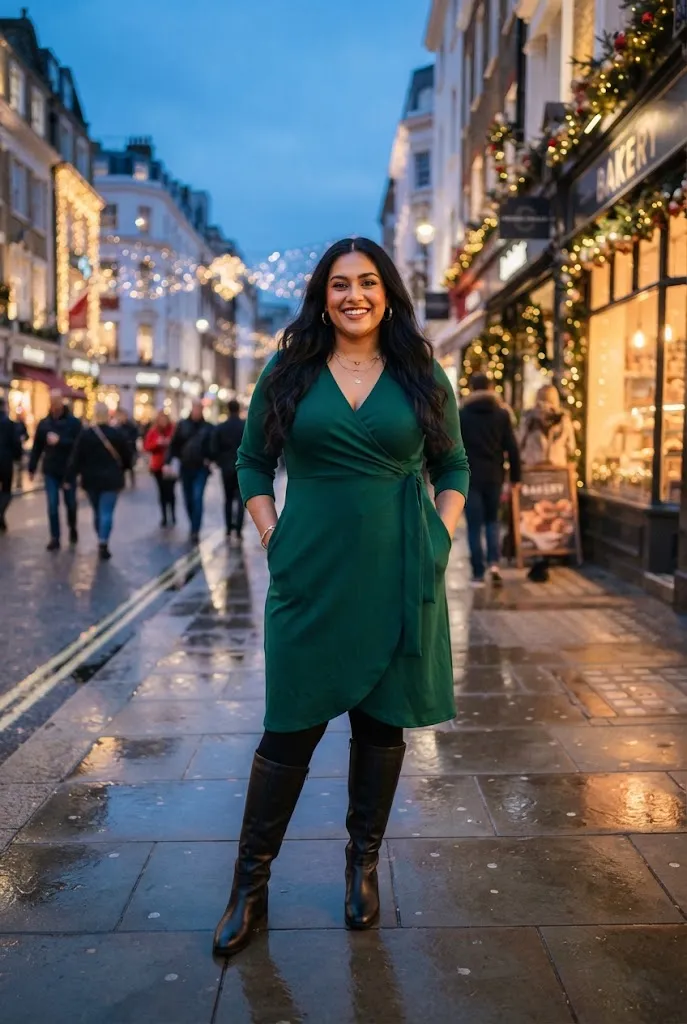 Curvy woman in an emerald green midi dress with tights and knee high boots