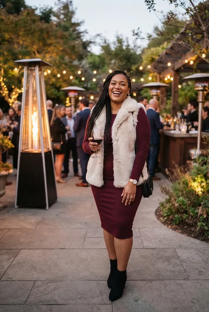Curvy woman wearing a faux fur vest over a fitted sheath dress