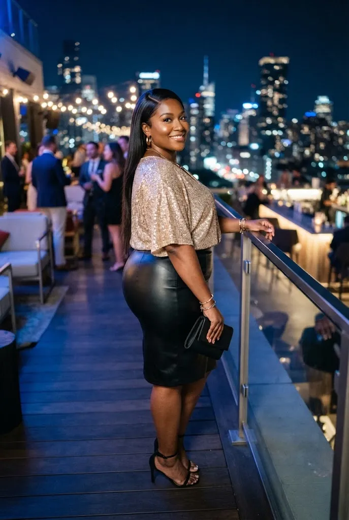 Curvy woman wearing a faux leather skirt paired with a sequin top