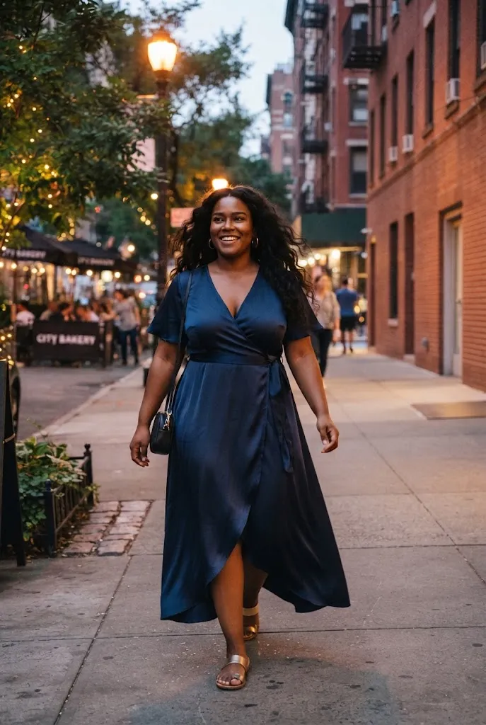 Plus size woman wearing a fluid matte satin dress that moves naturally while walking
