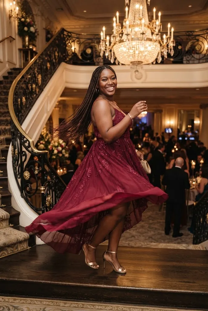 Curvy woman wearing a high low hem dress on a staircase at a party