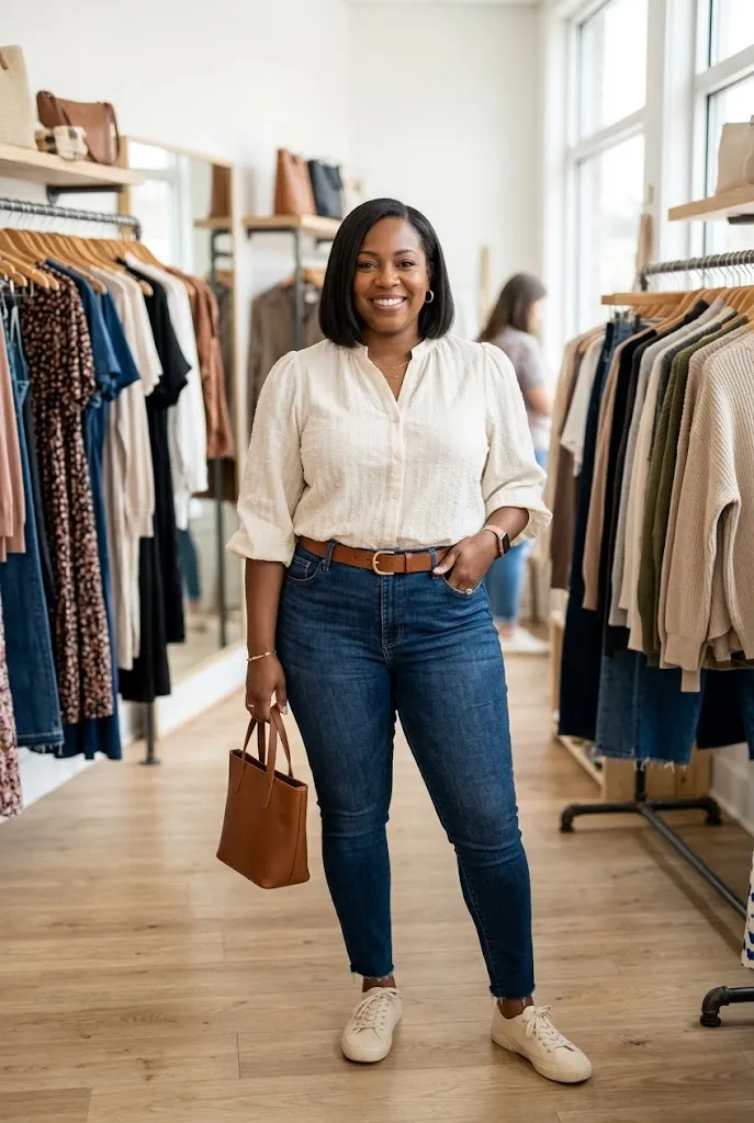 Fully plus size Black woman with a silk press bob wearing high rise jeans and a tucked blouse in a clothing store