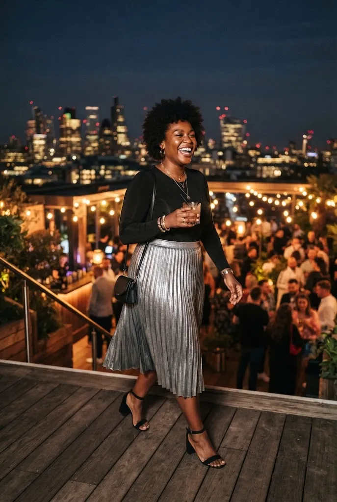Curvy woman wearing a metallic pleated skirt with a fitted black bodysuit