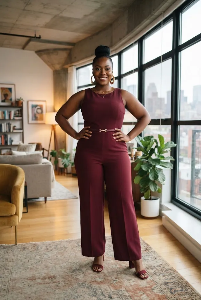 Curvy woman in a monochrome burgundy jumpsuit styled to look taller
