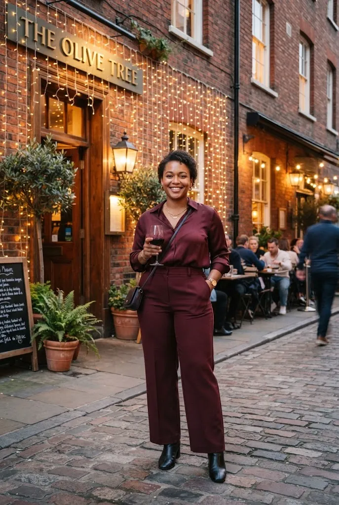 Plus size woman wearing a monochrome burgundy outfit standing outside a restaurant