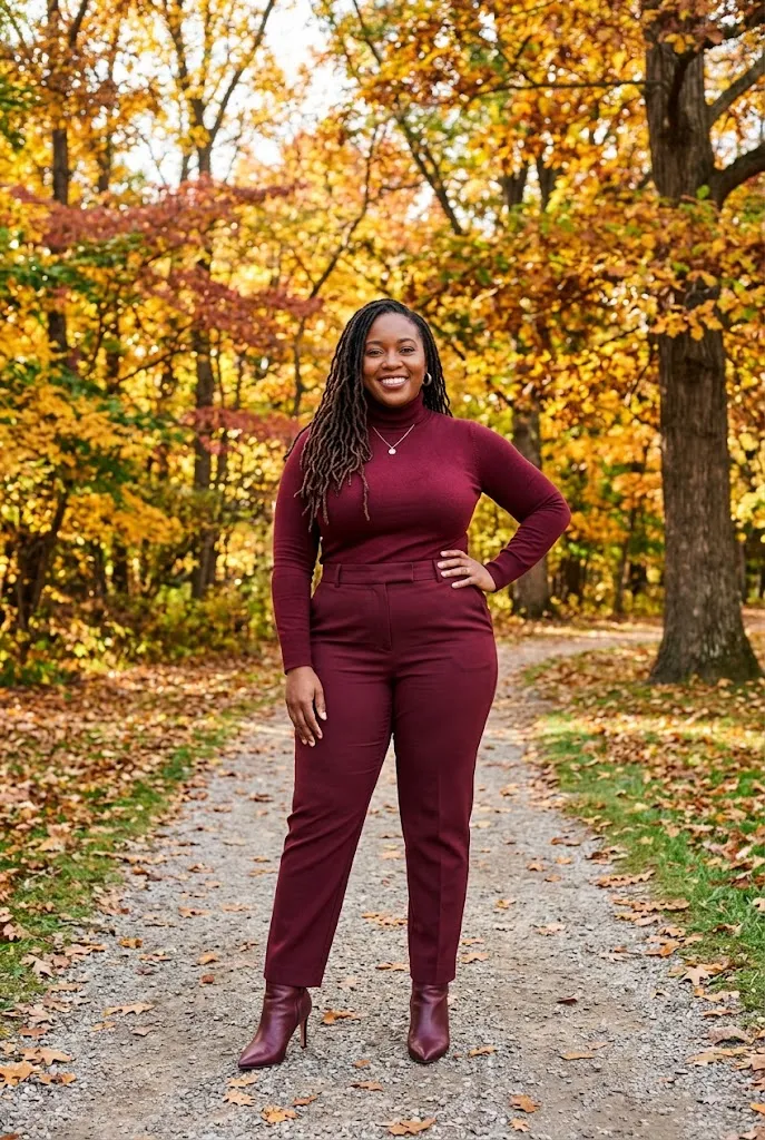 Fully plus size Black woman with long sisterlocks wearing a head to toe burgundy monochrome outfit outdoors